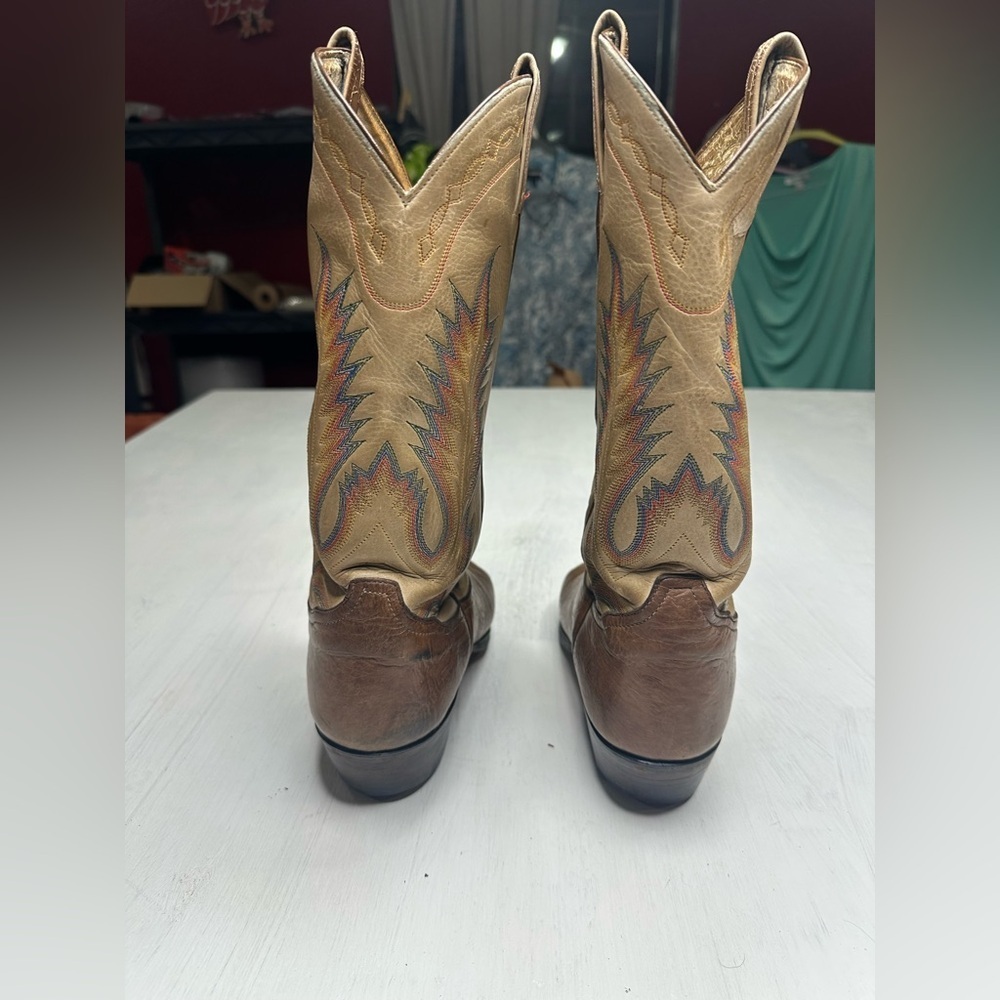 Tony Lama Boots Men's 9 D Brown Leather Rainbow Stitching Aztec Western 6186 Vtg - Picture 5 of 11